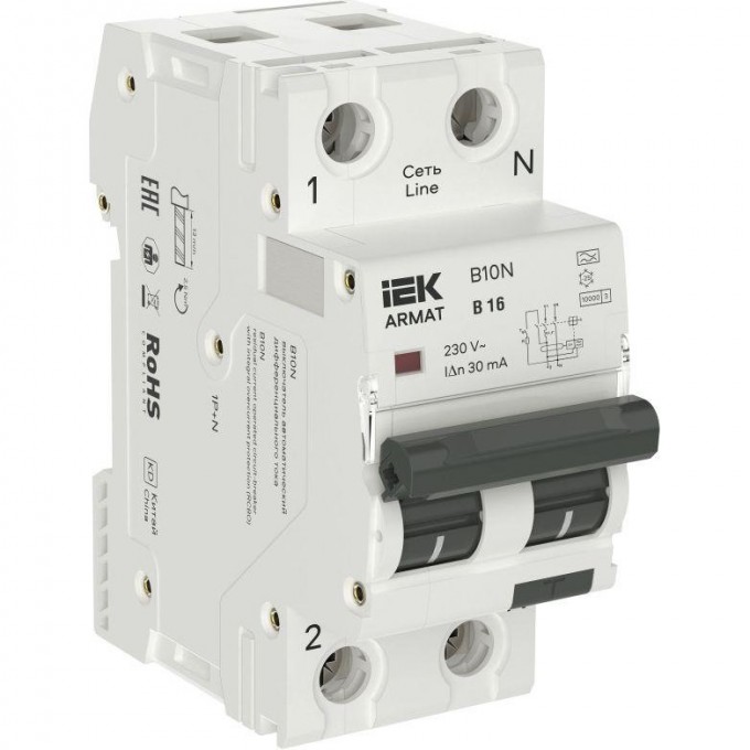 Выключатель автоматический дифференциального тока IEK ARMAT 2п (1P+NP) B 16 30мА тип A АВДТ B10N 36мм AR-B10N-1N-B016A030 Выключатель автоматический дифференциального тока IEK ARMAT 2п (1P+NP) B 16 30мА тип A АВДТ B10N 36мм AR-B10N-1N-B016A030